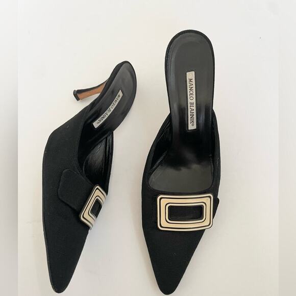 Manolo Blahnik Vintage Black Canvas White buckle pointed toe mules EU 41.5 - Picture 1 of 9